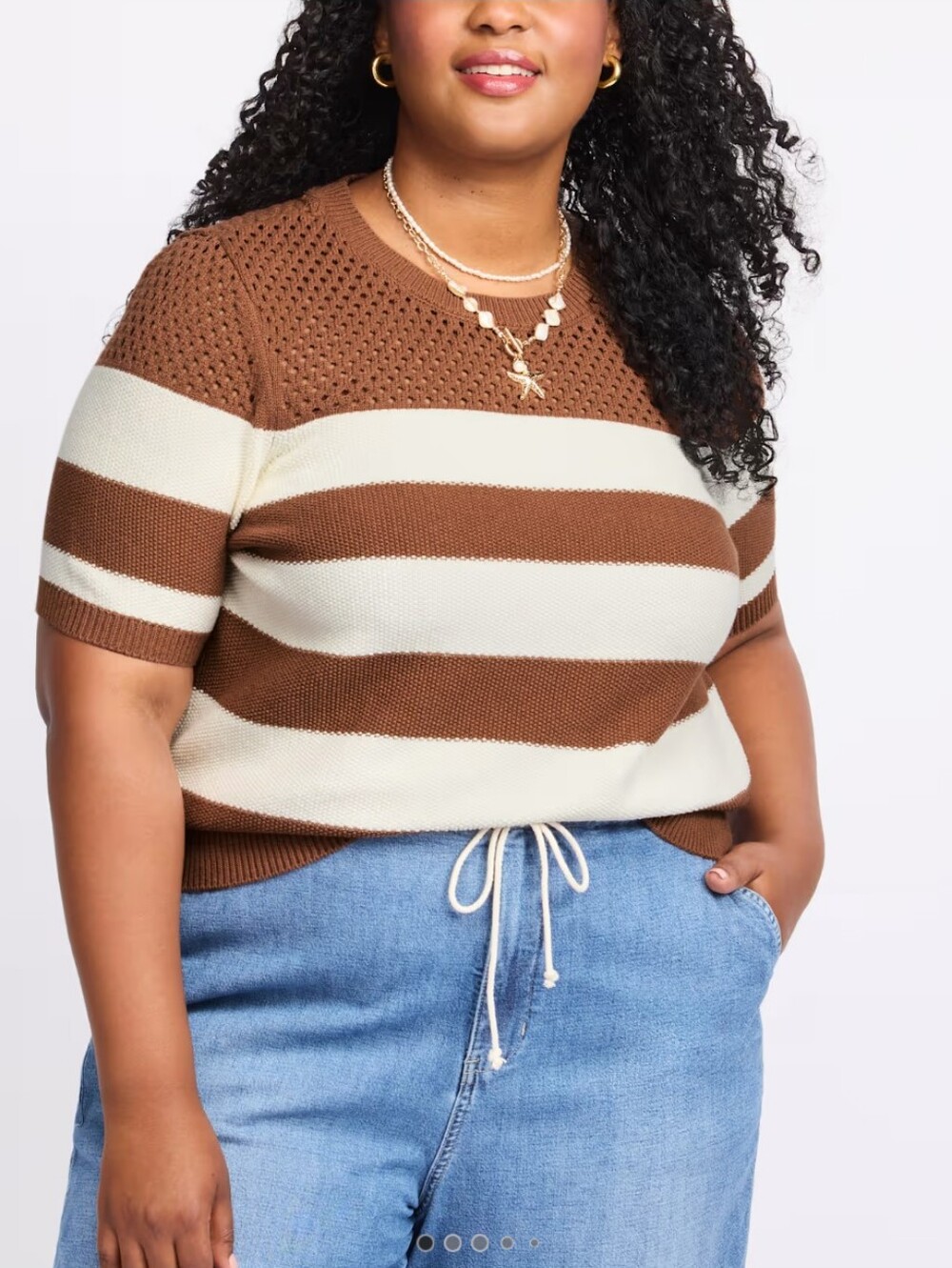 Market & Spruce Aria Crewneck Crochet Short Sleeve Sweater- L